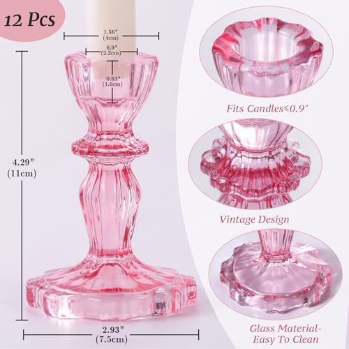 Simeitol 12pcs Taper Candle Holders, Candlestick Holders, Glass Candle Holder - Vintage Flower Design Candle Holders for Wedding, Baby Shower & Mother's Day Decorations (Pink) - Image 3
