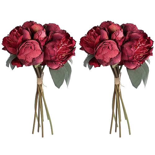 ICBOX 2 Bouquets Red Peonies Silk Flowers 14Heads Faux Peony Flowers Red Fake Peonies Flowers Artificial for Decorations for Wedding Bouquets Bridal Shower Decorations Home Office Party Decor - Image 1