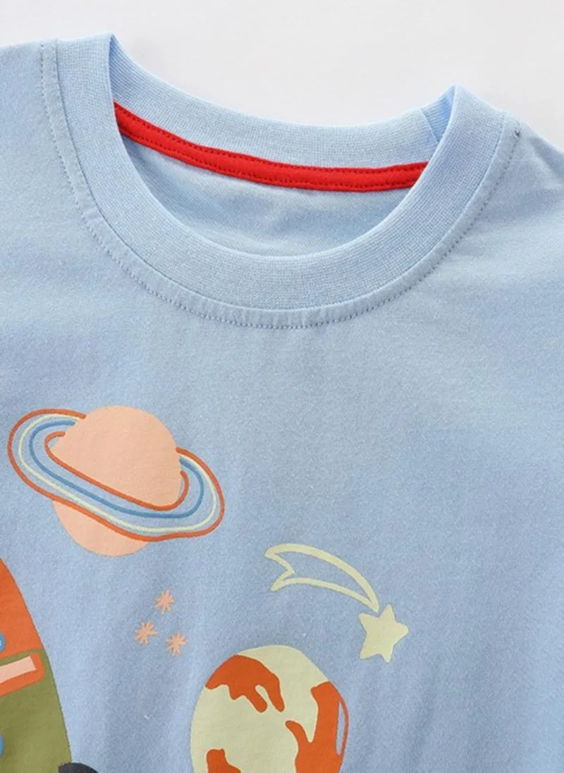 YUNIQEE Blue Printed Solid Round Neck Cotton T-shirt