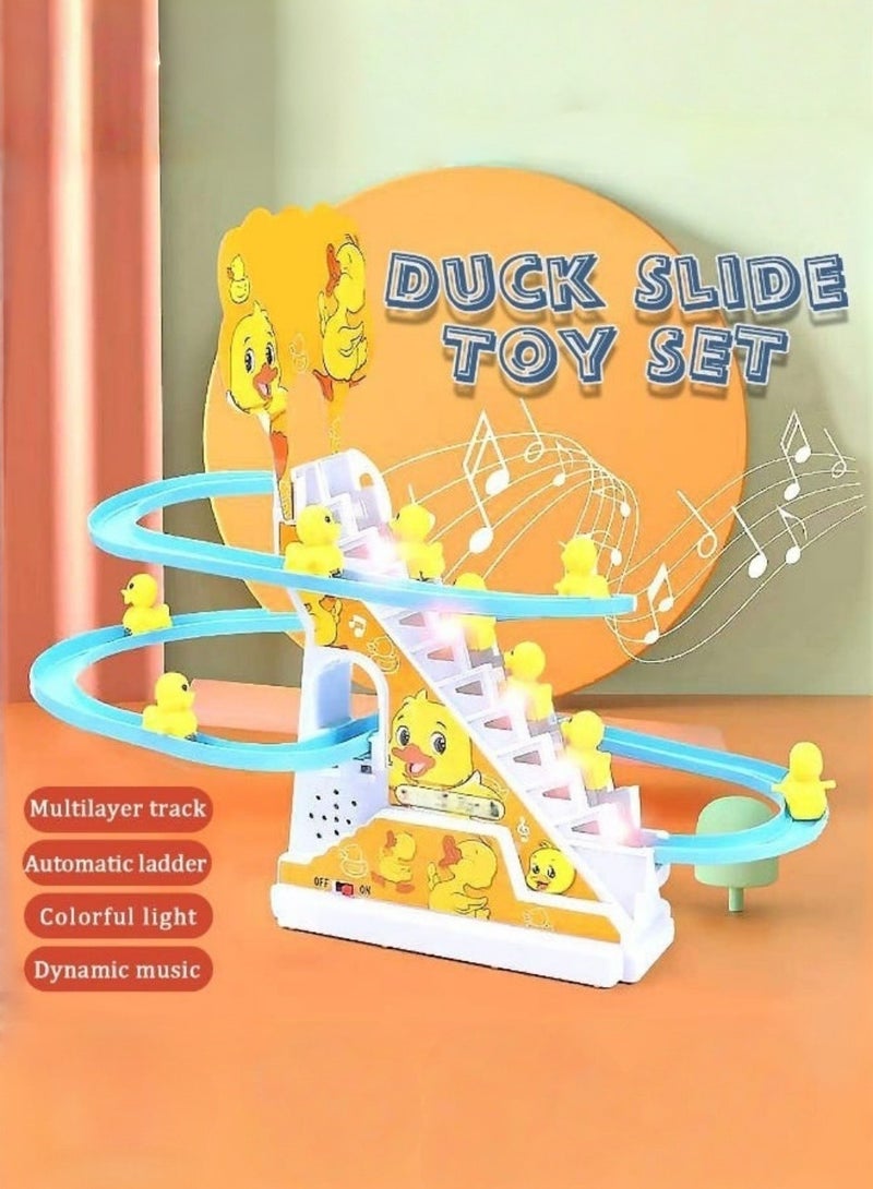 JoyousSto Small Ducks Climbing Toys,Electric Duck Climbing Stairs Tracks Slide Toy Set,Duck Roller Coaster Toy with Flashing Lights & Music On/Off Button - Image 2