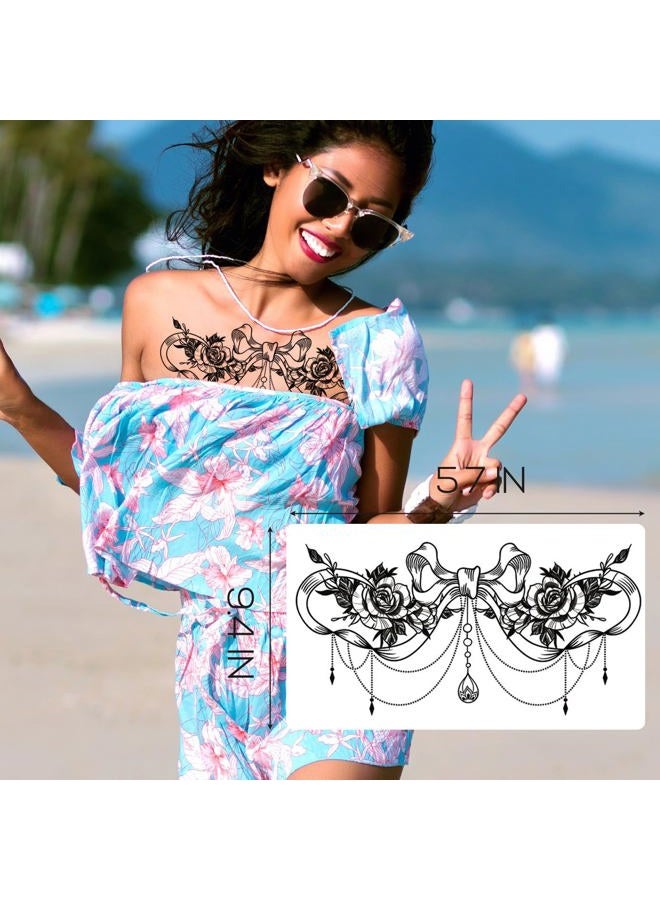 Kotbs 6 Sheets Black Rose Flower Underboob Temporary Tattoos for Women, Jewelry Bowknot Chest Tattoos Large Temporary Tattoos Women, Sternum Realistic Fake Tattoos Long Lasting Tattoos Waterproof - Image 5