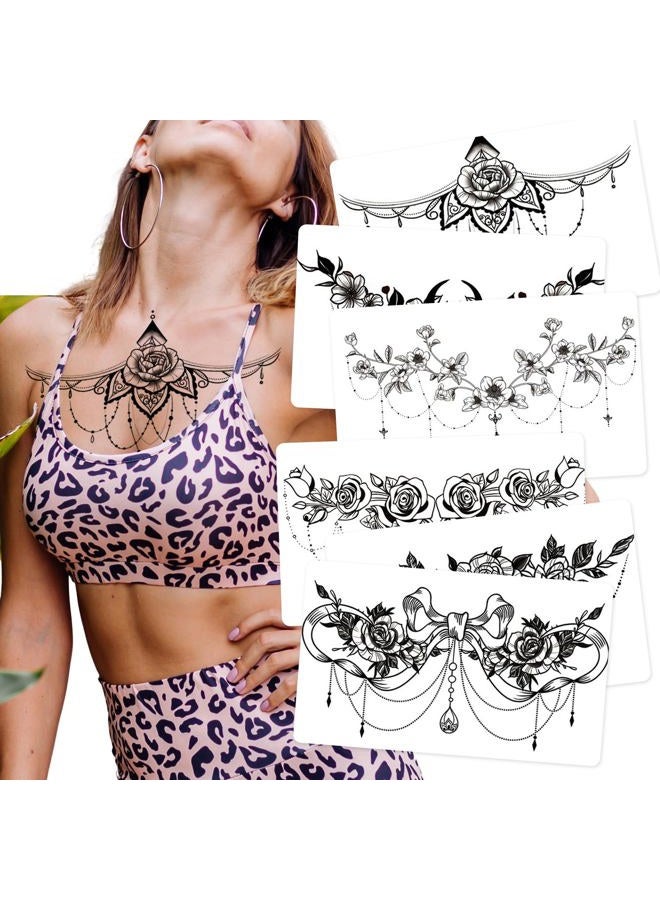 Kotbs 6 Sheets Black Rose Flower Underboob Temporary Tattoos for Women, Jewelry Bowknot Chest Tattoos Large Temporary Tattoos Women, Sternum Realistic Fake Tattoos Long Lasting Tattoos Waterproof - Image 1