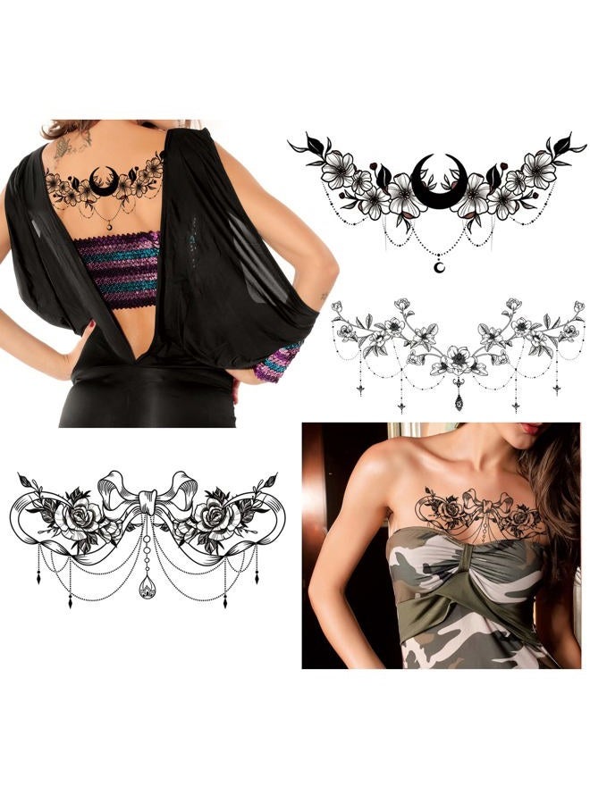 Kotbs 6 Sheets Black Rose Flower Underboob Temporary Tattoos for Women, Jewelry Bowknot Chest Tattoos Large Temporary Tattoos Women, Sternum Realistic Fake Tattoos Long Lasting Tattoos Waterproof - Image 2