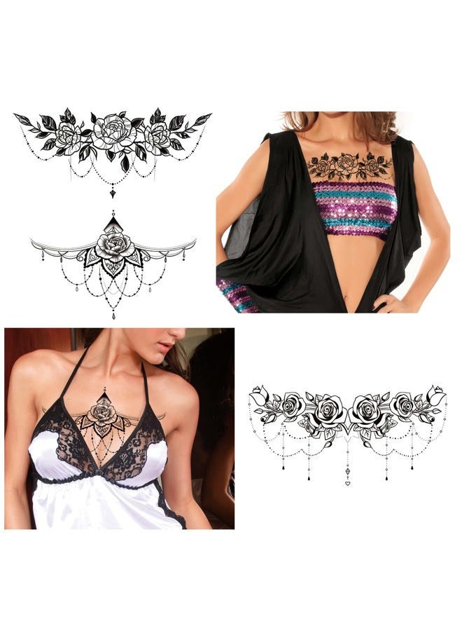 Kotbs 6 Sheets Black Rose Flower Underboob Temporary Tattoos for Women, Jewelry Bowknot Chest Tattoos Large Temporary Tattoos Women, Sternum Realistic Fake Tattoos Long Lasting Tattoos Waterproof - Image 3