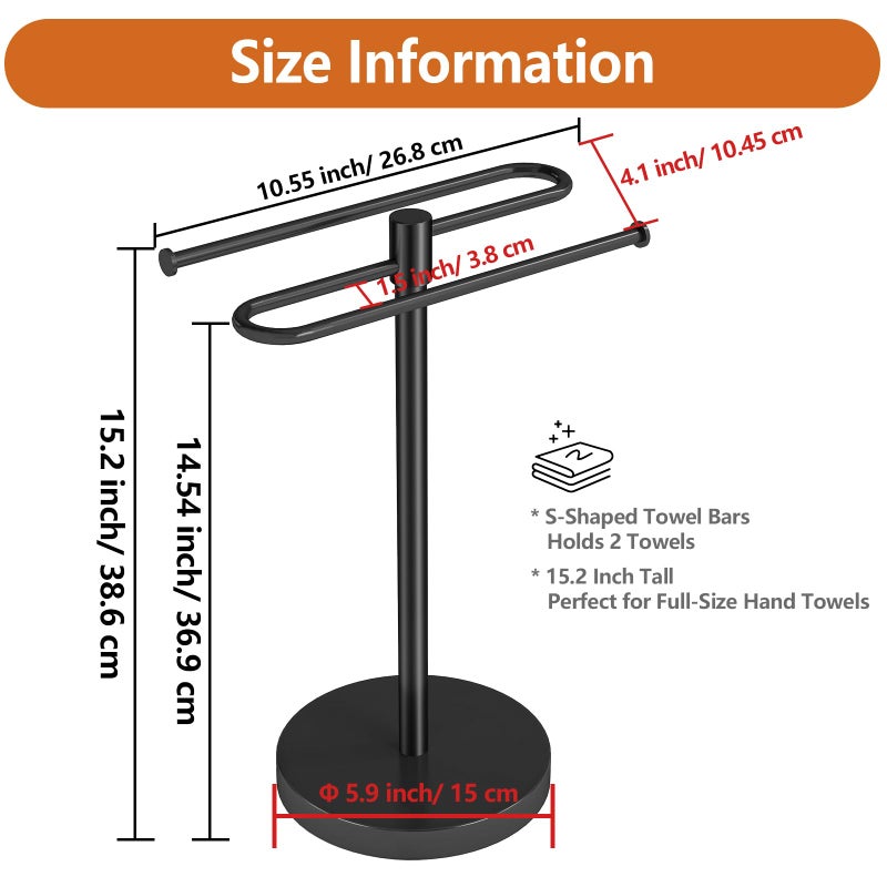 Bethom Hand Towel Stand, Stainless Steel Towel Holder for Bathroom Countertop, 15.2 Inch S-Shape Weighted Base Standing Hand Towel Rack Bar Holds 2 Towels for Kitchen Vanity, Black - Image 5