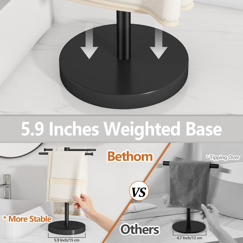Bethom Hand Towel Stand, Stainless Steel Towel Holder for Bathroom Countertop, 15.2 Inch S-Shape Weighted Base Standing Hand Towel Rack Bar Holds 2 Towels for Kitchen Vanity, Black - Image 3