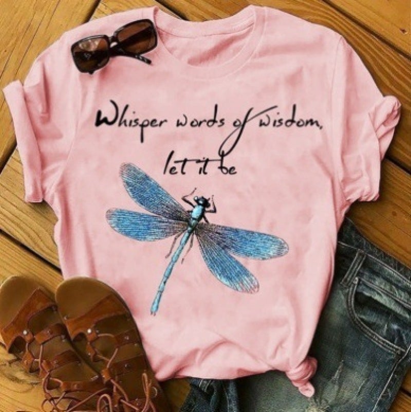 2020 Fashion eaby Dragonfly Print Short Sleeve T-Shirt Short Sleeve eaby Pink XH1227 4 XL - Image 4