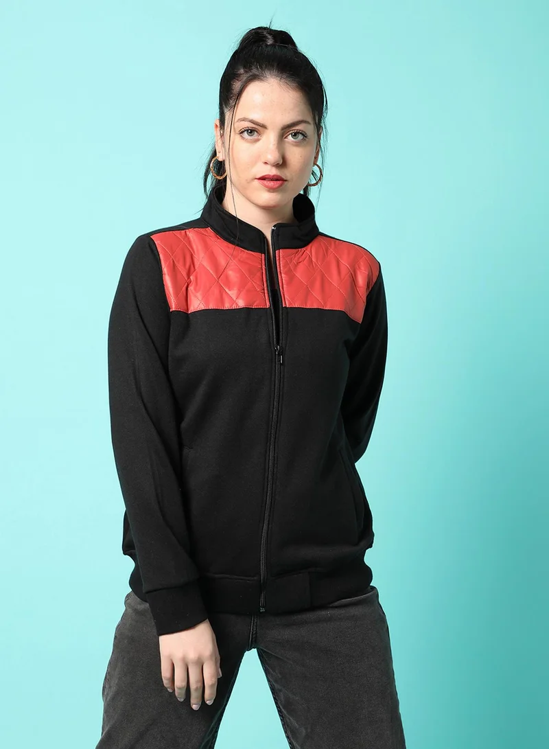 Campus Sutra Women's Black &  Red Zip-Front Jacket With Quilted Details For Casual Wear | High Neck  | Long Sleeve | Zipper Closure | Cotton Jacket Crafted With Comfort Fit For Everyday Wear