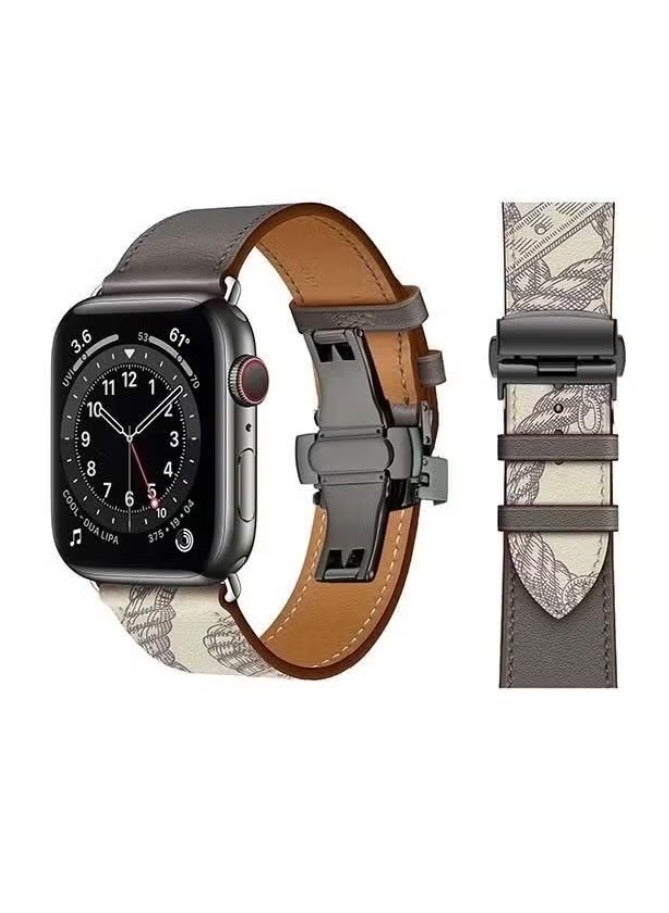 فيسوس سوار بديل من الجلد الطبيعي بإبزيم أسود لساعة Apple Watch Series 6 / SE / 5/4/3/2/1 44 / 42mm رمادي / أبيض