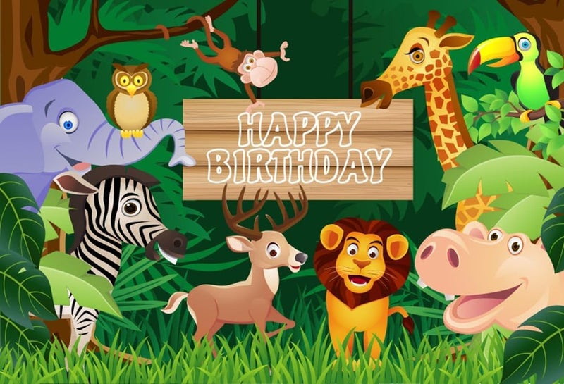 AOFOTO 5x3ft Cartoon Safari Animals Backdrop for Happy Birthday Photography - Image 1