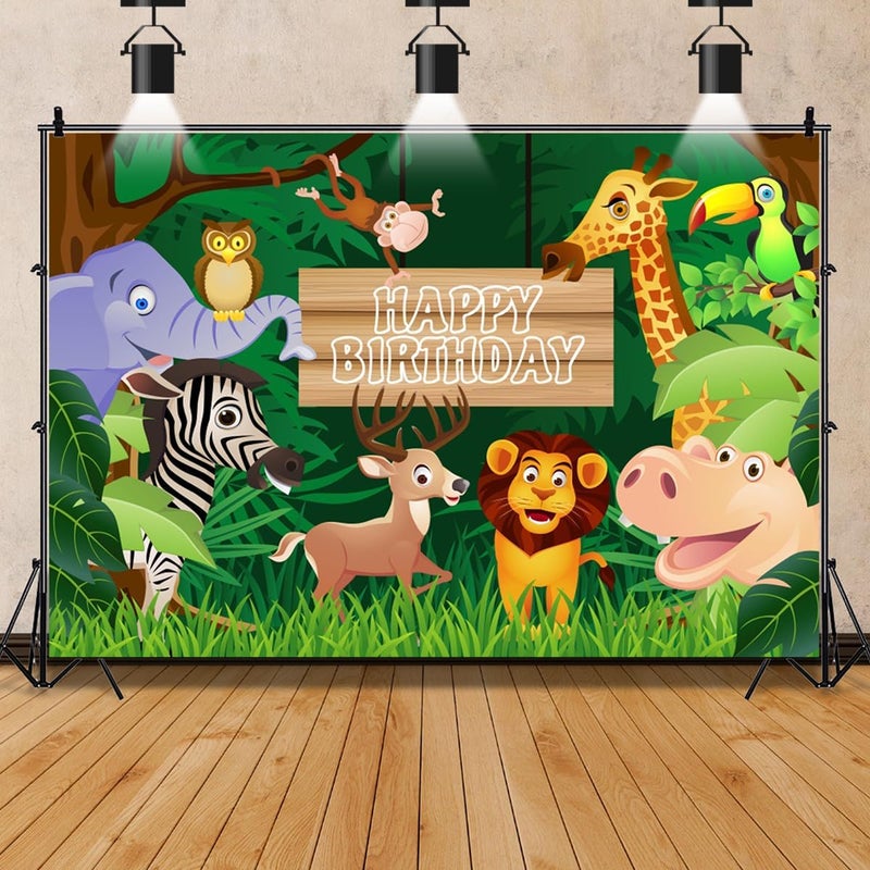 AOFOTO 5x3ft Cartoon Safari Animals Backdrop for Happy Birthday Photography - Image 5