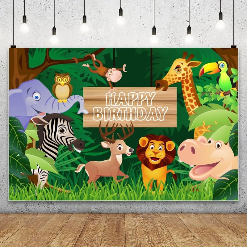 AOFOTO 5x3ft Cartoon Safari Animals Backdrop for Happy Birthday Photography - Image 2