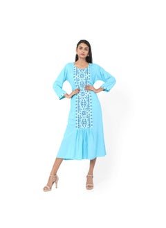 HANA & SARA فستان جلابية قفطان عربي قصير باللون الأزرق الفاتح بتصميم كاجوال  - Image 1