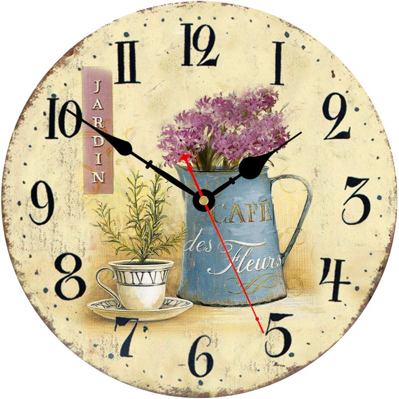 Toudorp Wooden Wall Clock 14 Inch Arabic Numerals Easy to Read Silent Wall Clock Vintage Battery Operated Cafe and Flowers Style Wall Clock Decorative for Bedroom Living Room Dining Room