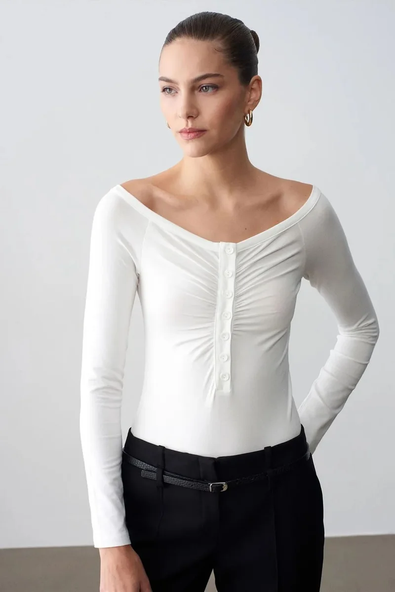 Dilvin White DILVIN Slim-fit Boat Neck Bodysuit Blouse for Women | Best Price UAE