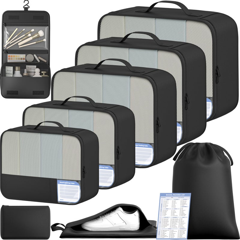 BAGAIL 9 Set Packing Cubes with Packing List Luggage Packing Organizers for Travel Accessories (Black) - Image 1