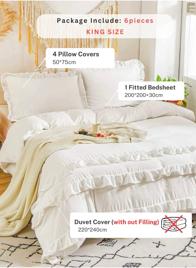 LUNA Home - King Size 6 Pieces Off White Boho Duvet Cover Set, Washable Cotton Bedding Set, Plain Color with Ruffle Décor. - Image 1