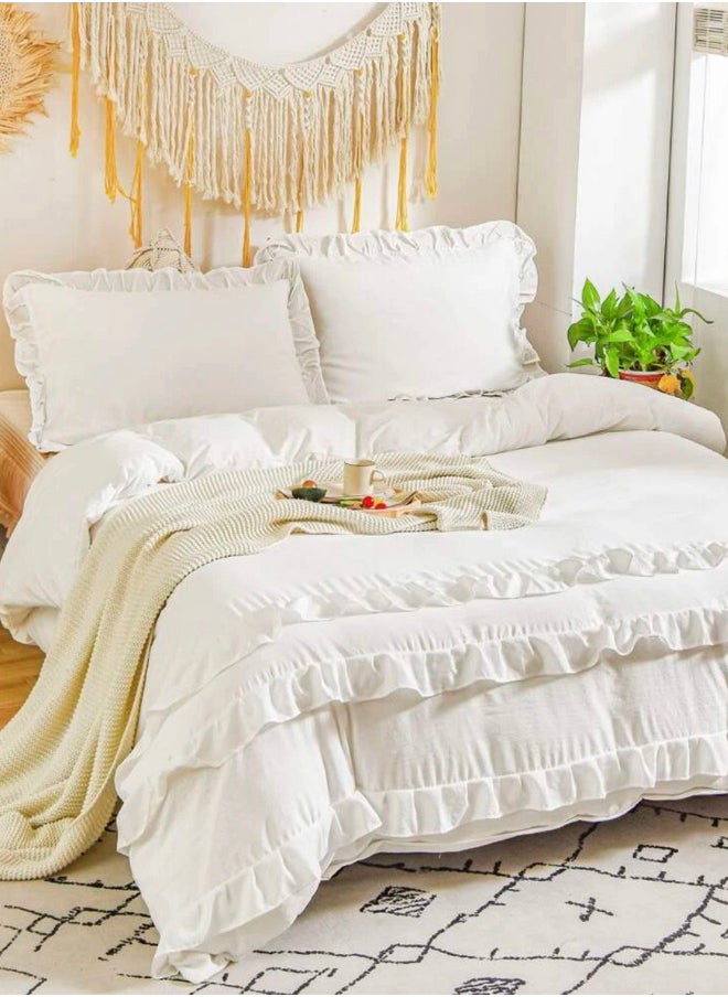 LUNA Home - King Size 6 Pieces Off White Boho Duvet Cover Set, Washable Cotton Bedding Set, Plain Color with Ruffle Décor. - Image 1