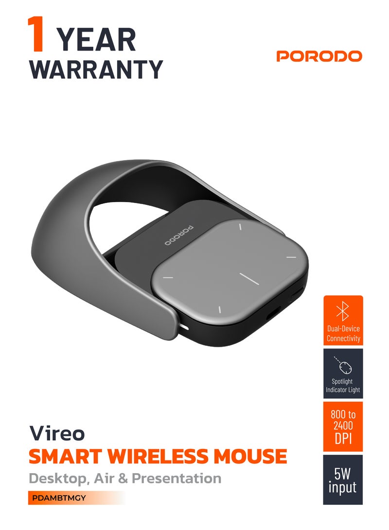 porodo Vireo Smart Wireless Mouse with Spotlight Indicator Light & Touchpad / Dual Device Connectivity / Adjustable DPI / Windows & MacOS Compatibility / 20 Days Working Time / Detachable Design / Desktop & Air Mouse / Suitable for Presentation - Grey - Image 1