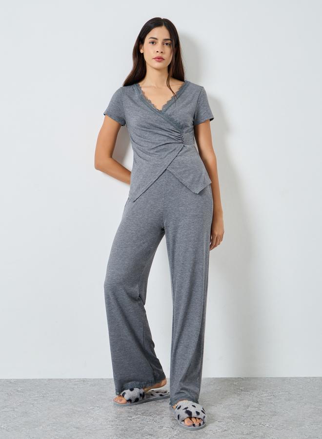 Styli Wrap Button Waist Lace Detail Top and Pyjama Set - Image 1