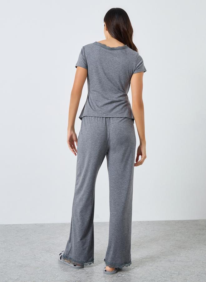 Styli Wrap Button Waist Lace Detail Top and Pyjama Set - Image 5