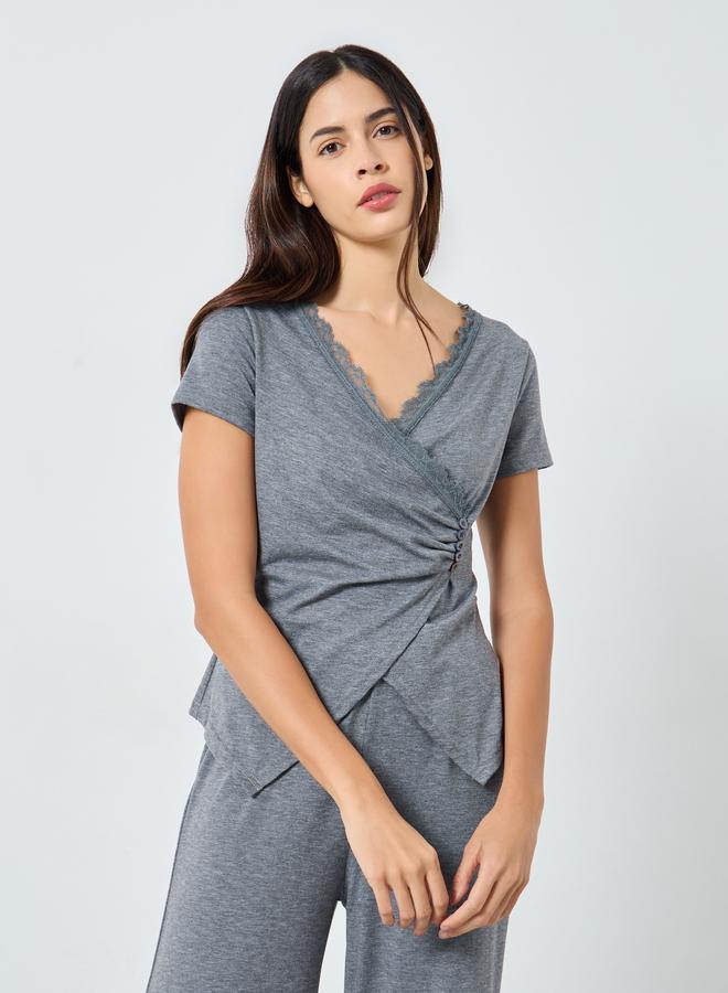 Styli Wrap Button Waist Lace Detail Top and Pyjama Set - Image 2