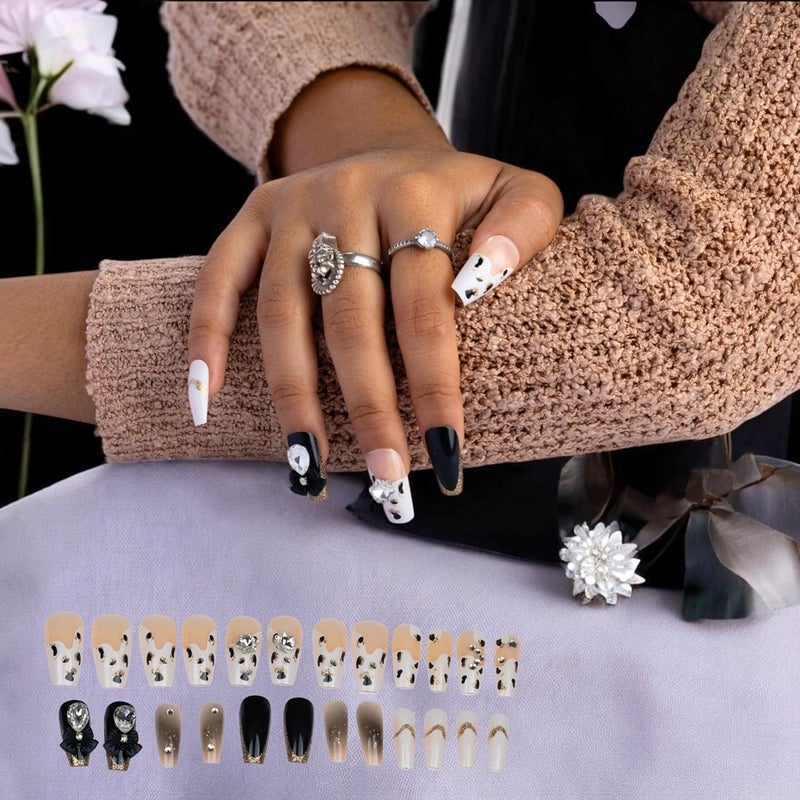 Evona 24pcs Detachable False Nails French Press on Nails Short Square Fake Nails Artificial Nail Set With Glue Square False Nails Press on Fingernails for Women Girls - Image 4