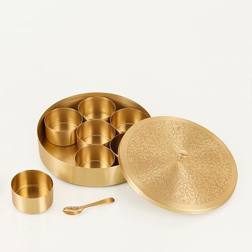 AKSHATA® Handcrafted Brass Spice Box Set for Kitchen with Spoon (7 Containers, 120 ML) - Brass Masala Box for Kitchen - Species Container - Masala dabba - Masala Petti - Masaledani,Gold 1 SET - Image 2