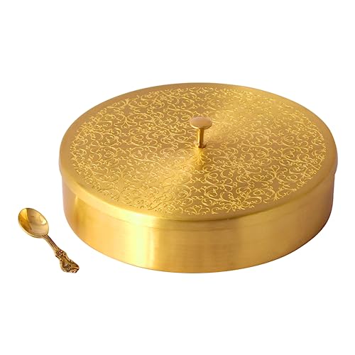 AKSHATA® Handcrafted Brass Spice Box Set for Kitchen with Spoon (7 Containers, 120 ML) - Brass Masala Box for Kitchen - Species Container - Masala dabba - Masala Petti - Masaledani,Gold 1 SET - Image 4