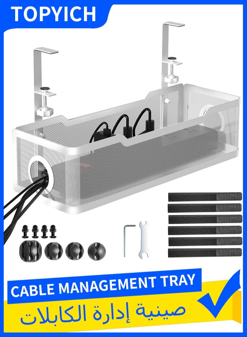 Topyich Cable Management - 15.7in White No-Drill Cable Organiser, Under Desk Wire Organizer Tray with Clamp - Image 1
