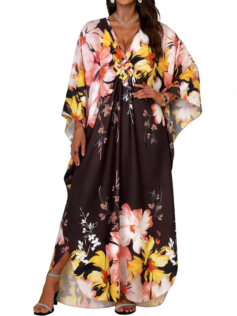 JILUVIN Kaftan Dresses for Women Plus Size V Neck Caftans Long Batwing Sleeve Beach Cover Ups Summer Floral Print Dress (Pink Yellow Floral,One Size)