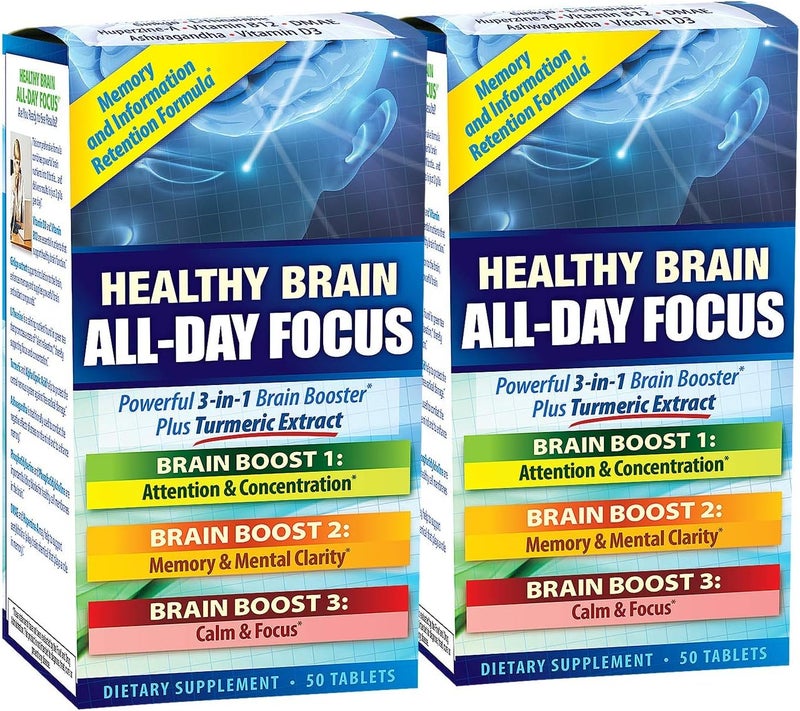 Applied Nutrition Healthy Brain AllDay Focus  50 Tablets Pack of 2  Powerful 3in1 Brain Booster with Turmeric Extract  50 Total Servings - Image 1