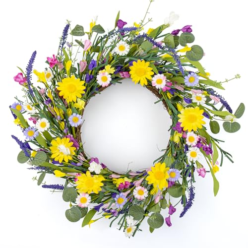 J'FLORU JFLORU Artificial Spring Wreath Summer Wreaths for Front Door Floral Wreath with Daisy and Lavender for Indoor Outdoor Easter Celebration 18 Inch - Image 1
