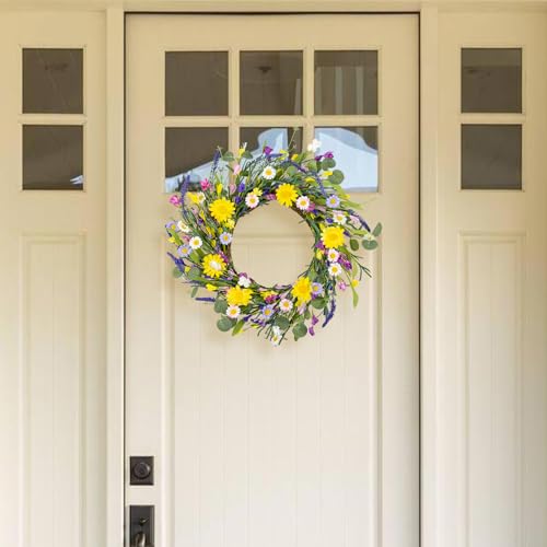 J'FLORU JFLORU Artificial Spring Wreath Summer Wreaths for Front Door Floral Wreath with Daisy and Lavender for Indoor Outdoor Easter Celebration 18 Inch - Image 3