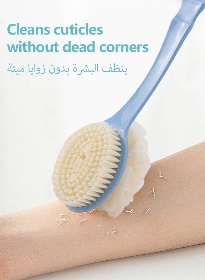 كيلا فرشاة استحمام برأسين، منشفة فرك للظهر بمقبض طويل، فرشاة تدليك استحمام ناعمة الشعيرات، فرشاة ظهر على شكل كرة استحمام مقشرة، مناسبة للاستخدام الرطب والجاف، للجنسين (أزرق) - Image 3