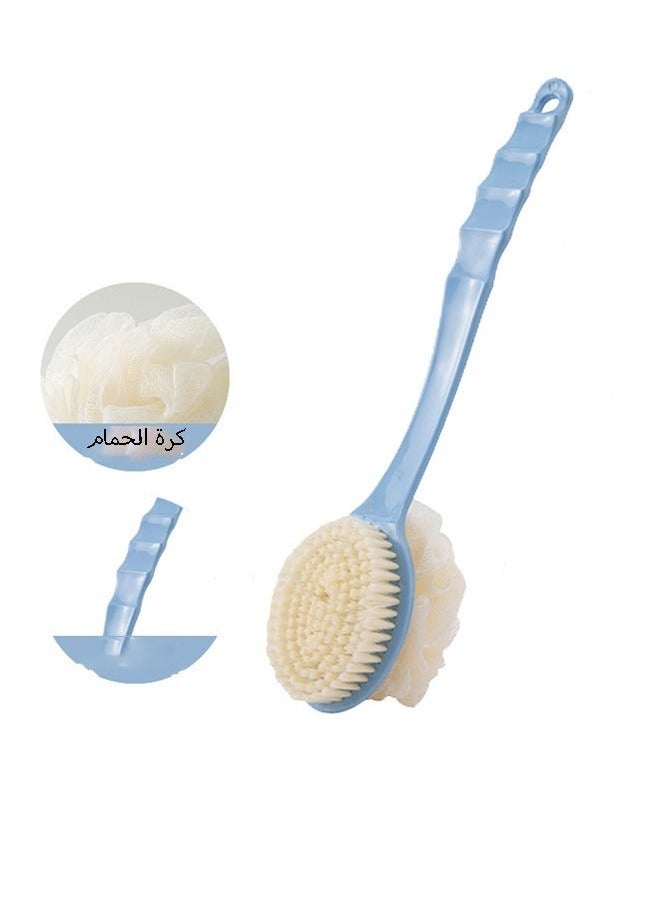 كيلا فرشاة استحمام برأسين، منشفة فرك للظهر بمقبض طويل، فرشاة تدليك استحمام ناعمة الشعيرات، فرشاة ظهر على شكل كرة استحمام مقشرة، مناسبة للاستخدام الرطب والجاف، للجنسين (أزرق) - Image 2