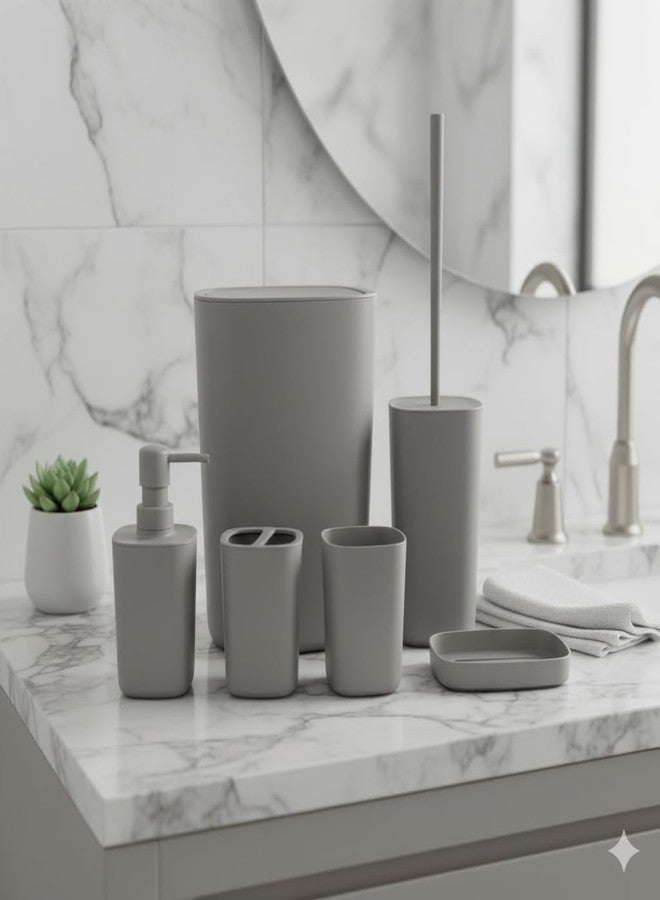 HOME CUBE 6Pcs Bathroom Accessories Set, Soap Dish, Soap Dispenser, Toothbrush Holder, Mouth Wash Cup, Dustbin, Toilet Brush Holder, Complete Bath Organiser for Bathroom (Grey) - Image 2