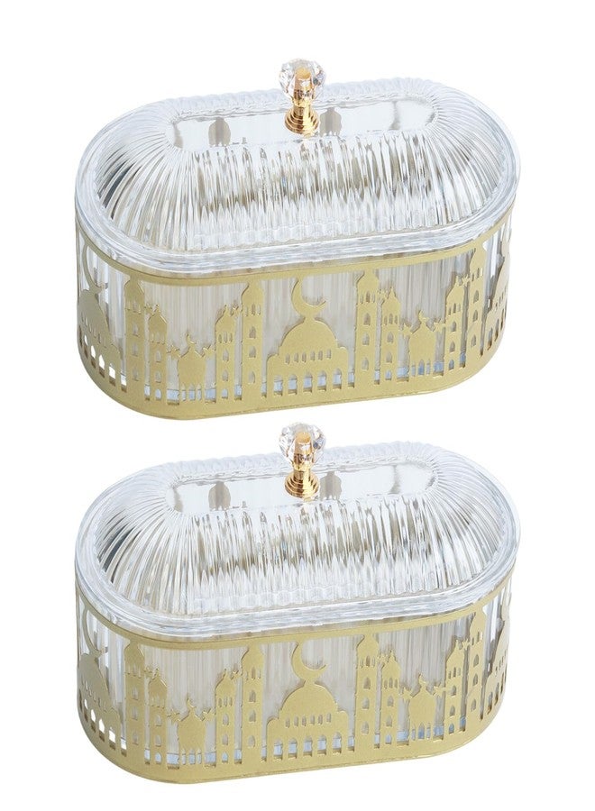 YXQ 2 Pcs Ramadan Trays with Lid - Metal Gold Tone Ramadan Decoration, Elegant Middle Eastern Design for Eid Celebrations and Festive Gatherings - Image 1