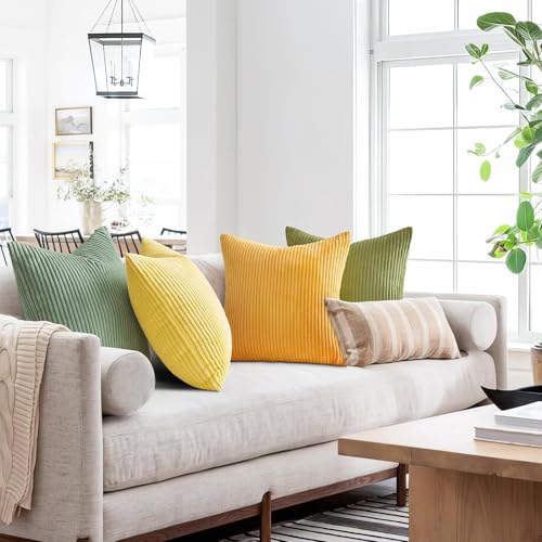 Topfinel Decorative Throw Pillow Covers 18x18 Inches Set of 4,Striped Corduroy Sage Green Yellow Color-Clash Design Cushion Cover,Pillow Case for Bedroom Couch Sofa Living Room,Summer Home Decor - Image 4