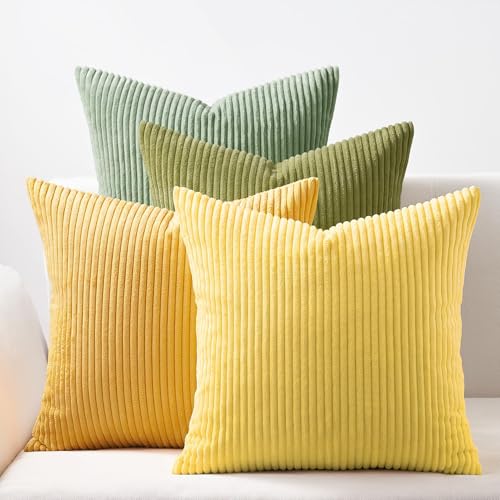 Topfinel Decorative Throw Pillow Covers 18x18 Inches Set of 4,Striped Corduroy Sage Green Yellow Color-Clash Design Cushion Cover,Pillow Case for Bedroom Couch Sofa Living Room,Summer Home Decor - Image 1
