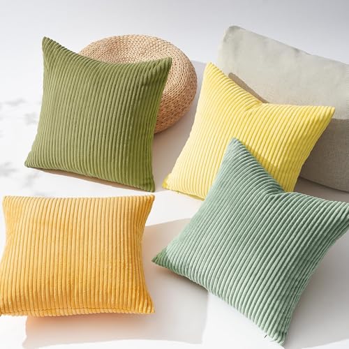 Topfinel Decorative Throw Pillow Covers 18x18 Inches Set of 4,Striped Corduroy Sage Green Yellow Color-Clash Design Cushion Cover,Pillow Case for Bedroom Couch Sofa Living Room,Summer Home Decor - Image 2
