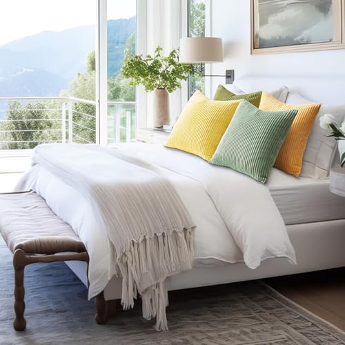 Topfinel Decorative Throw Pillow Covers 18x18 Inches Set of 4,Striped Corduroy Sage Green Yellow Color-Clash Design Cushion Cover,Pillow Case for Bedroom Couch Sofa Living Room,Summer Home Decor - Image 5