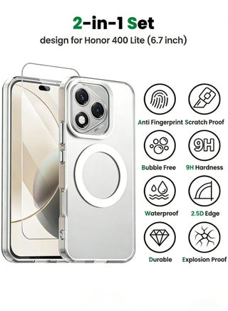 [2-in-1] Honor 400 Lite Cover with HD Tempered Glass Screen Protector, [Anti-Drop Shockproof][Anti-Slip][No Yellowing][Skin Friendly] Slim Hard Frosted Case for Honor 400 Lite 5G 6.7 inch, White - view 2