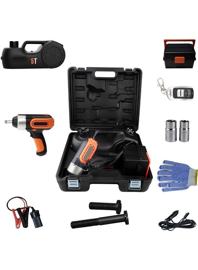 5 Ton Hydraulic Electric Car Jack, Portable Floor Lifting Kit with Electric Impact Wrench with Built-in Inflatable Pump, Flashlight and Remote Control for Tire Replacement and Emergency Car Repair - Image 1