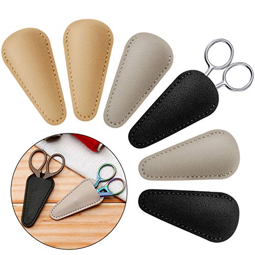 Mudder 6 Pieces Scissors Sheath Safety Leather Scissors Cover Protector Colorful Sewing Scissor Sheath Portable Eyebrow Trimming Beauty Tool Protection Cover Collect Bags (Black, Gray and Light Apricot) - Image 1