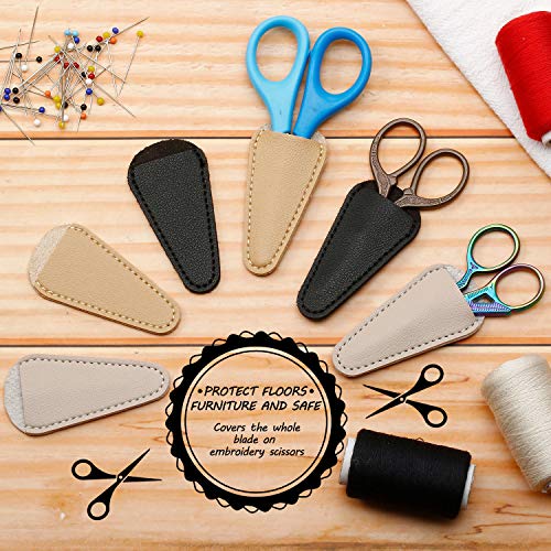 Mudder 6 Pieces Scissors Sheath Safety Leather Scissors Cover Protector Colorful Sewing Scissor Sheath Portable Eyebrow Trimming Beauty Tool Protection Cover Collect Bags (Black, Gray and Light Apricot) - Image 4