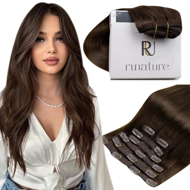 RUNATURE Real Hair Extensions Clip Ins, Brown Clip in Hair Extensions Real Human Hair, 18 Inch 120g 7pcs Full Head Thick Remy Hair, Add Hair Volume #4 Chocolate Brown - Image 1
