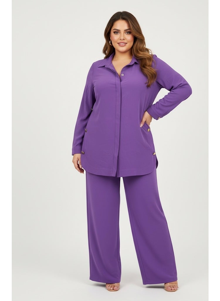 طقم نسائي من قطعتين – زي بنفسجي مكوّن من قميص طويل بأزرار وبنطال واسع الأرجل – ملابس أنيقة كاجوال - Image 1