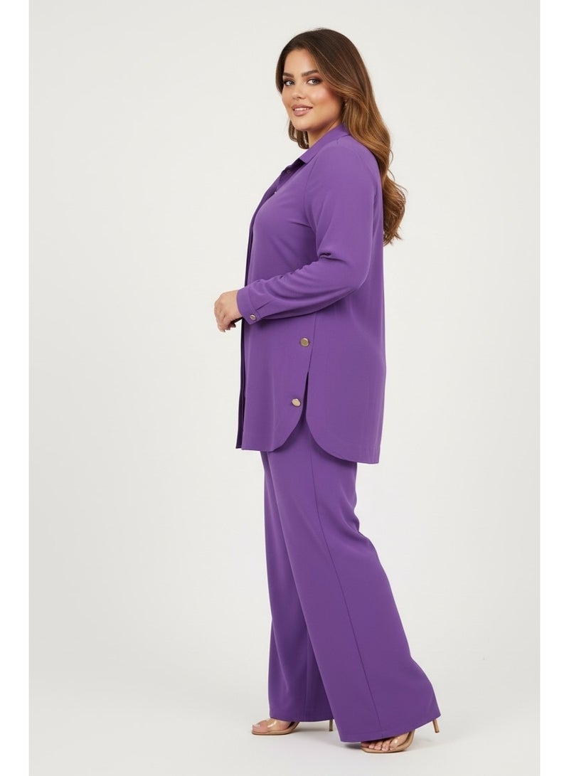 طقم نسائي من قطعتين – زي بنفسجي مكوّن من قميص طويل بأزرار وبنطال واسع الأرجل – ملابس أنيقة كاجوال - Image 2