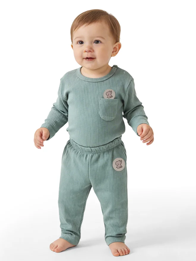 بابيز_بيسك Babies Basic Premium Ribbed Cotton Long Sleeves Top and Bottom Set